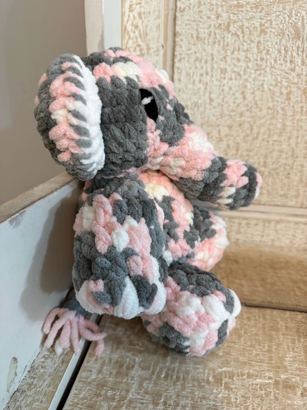Elephant Plush Handmade crochet Chenille - Pink, Gray & White - Picture 2 of 4